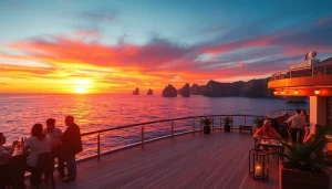 Experience Cabo sunset cruise deals with a breathtaking view of a vibrant sunset on a luxury cruise.