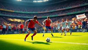 축구중계 중인 선수들이 활발히 경쟁하는 장면