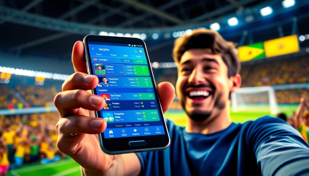 Engaging sports betting apps India interface on a smartphone with an energetic sports scene.