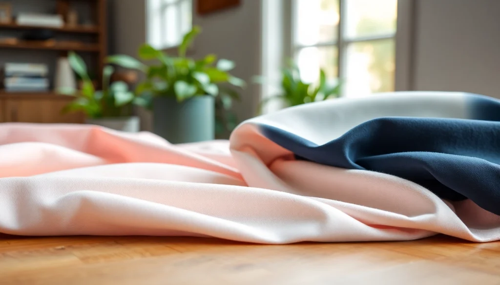 Katoen stoffen met diverse kleuren en texturen op een houten tafel.