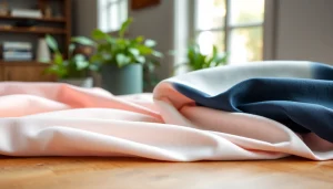 Katoen stoffen met diverse kleuren en texturen op een houten tafel.