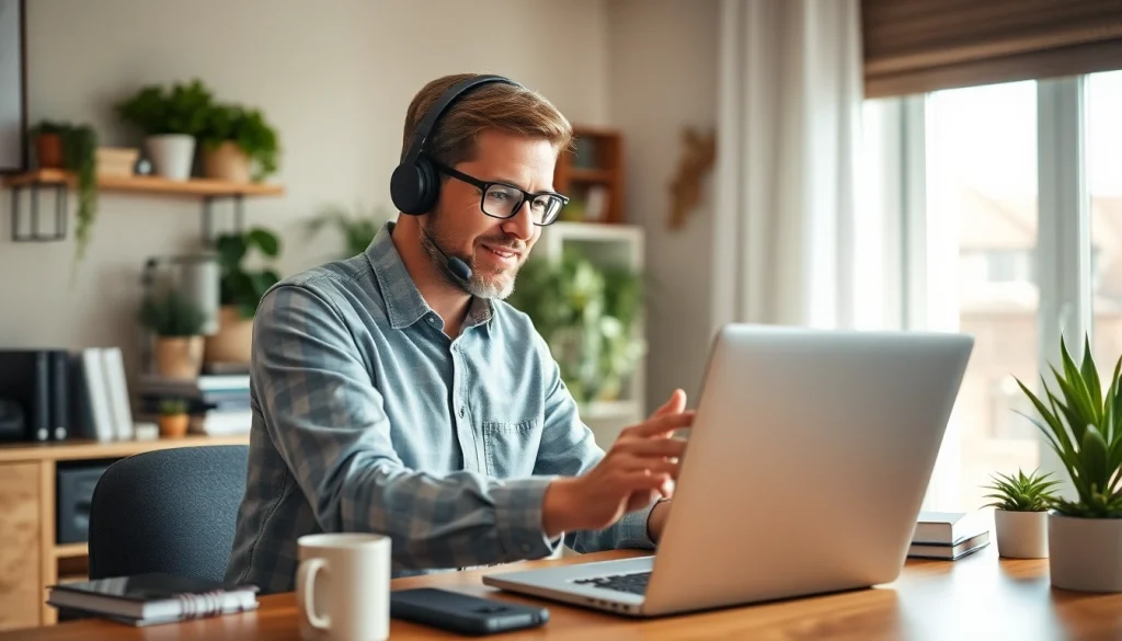 Residential IT support technician helping a client troubleshoot a laptop in a home office setting.