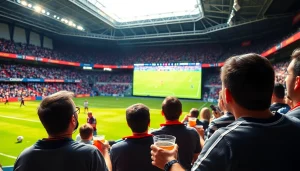 해외축구중계 장면에서 열광하는 팬들의 모습과 생생한 경기 화면