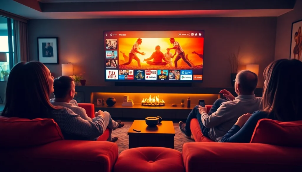 A family enjoying entertainment with iron iptv in a cozy living room setting, capturing joyful moments.