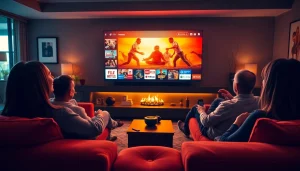 A family enjoying entertainment with iron iptv in a cozy living room setting, capturing joyful moments.