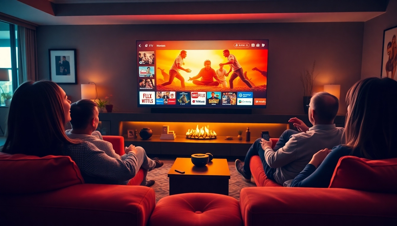 A family enjoying entertainment with iron iptv in a cozy living room setting, capturing joyful moments.