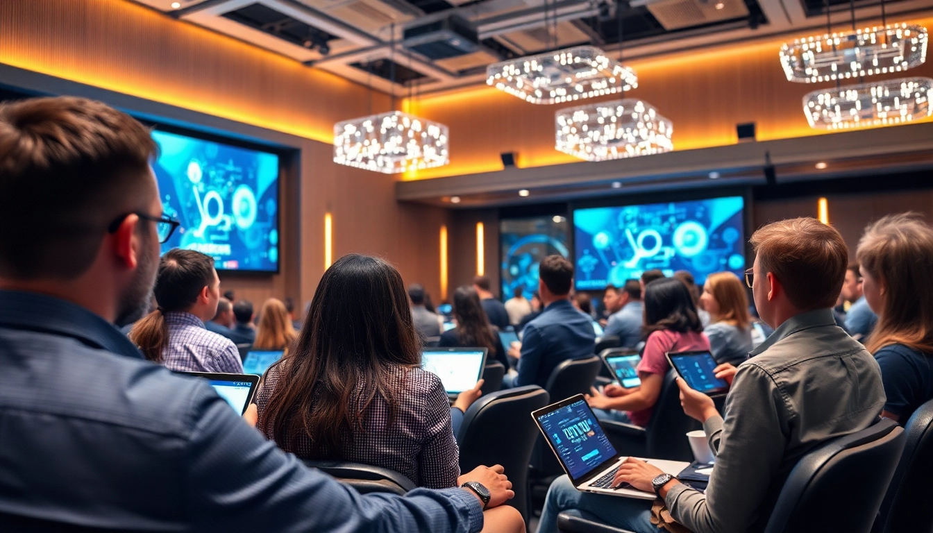 Engaged audience at a Technology conference featuring a speaker and digital devices.