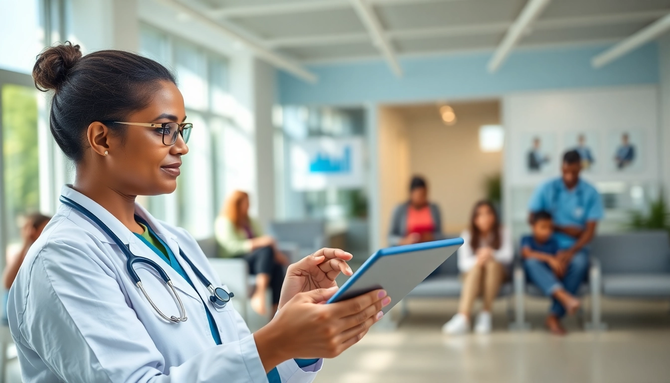 Health professional analyzing health data in a welcoming clinic environment.