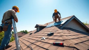 Reliable roofing services demonstrated by skilled contractors installing shingles on a residential roof.