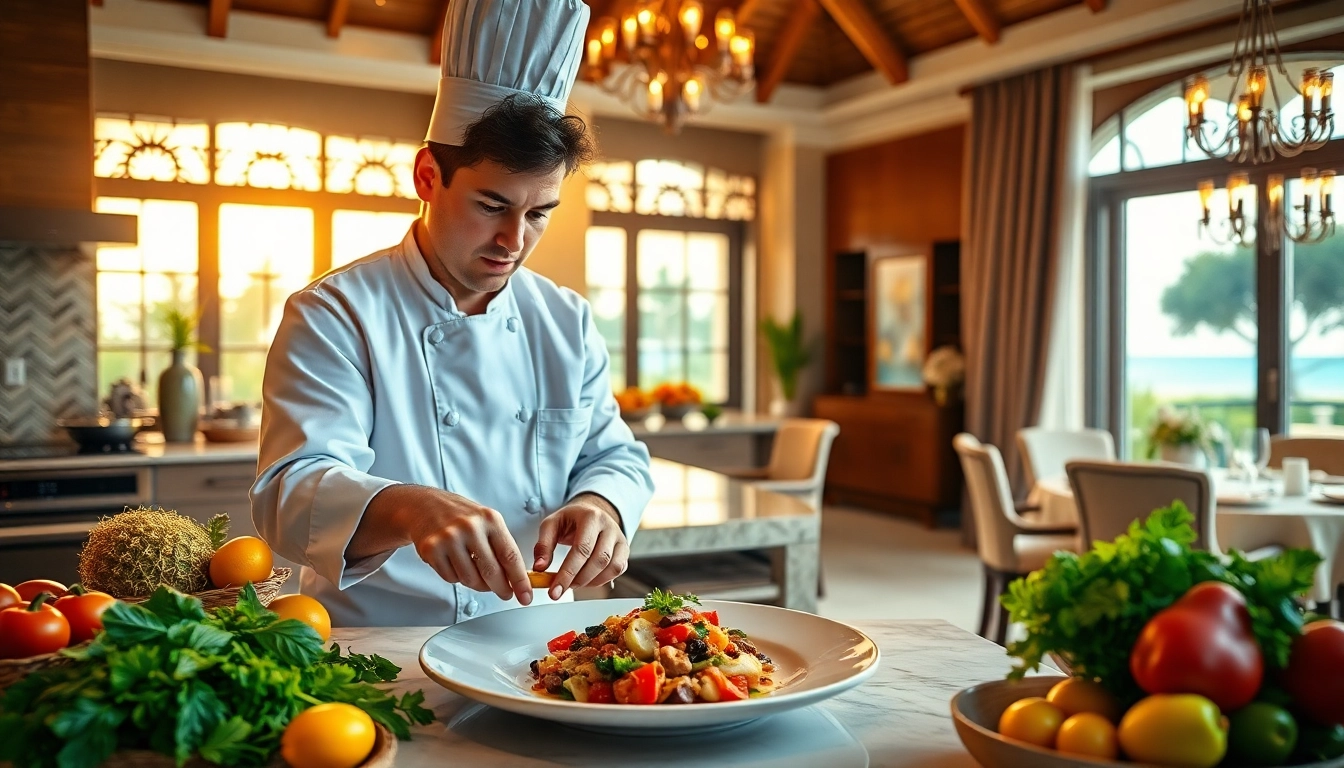 Experience a talented Sint Maarten private chef crafting exquisite meals in a luxurious villa kitchen.