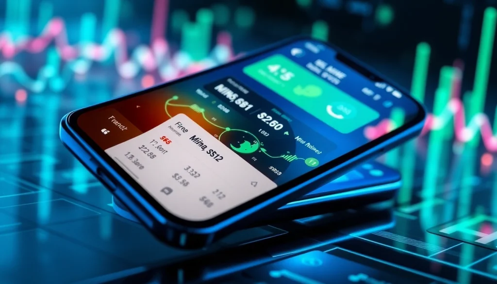 Interactive interface of a crypto mining app on a smartphone displaying real-time statistics and vibrant graphics.