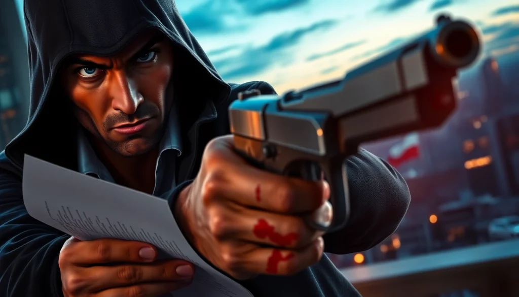 A character from Contracts and Bullets gripping a gun and contract in an urban setting.