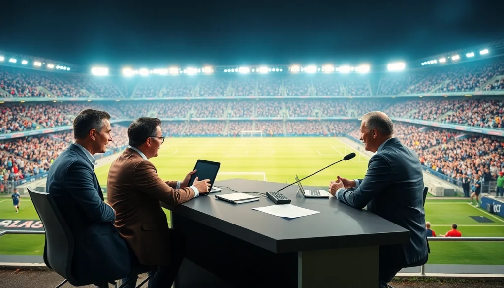 축구중계 중계대 앞에서 분석하는 인물들의 모습