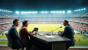 축구중계 중계대 앞에서 분석하는 인물들의 모습