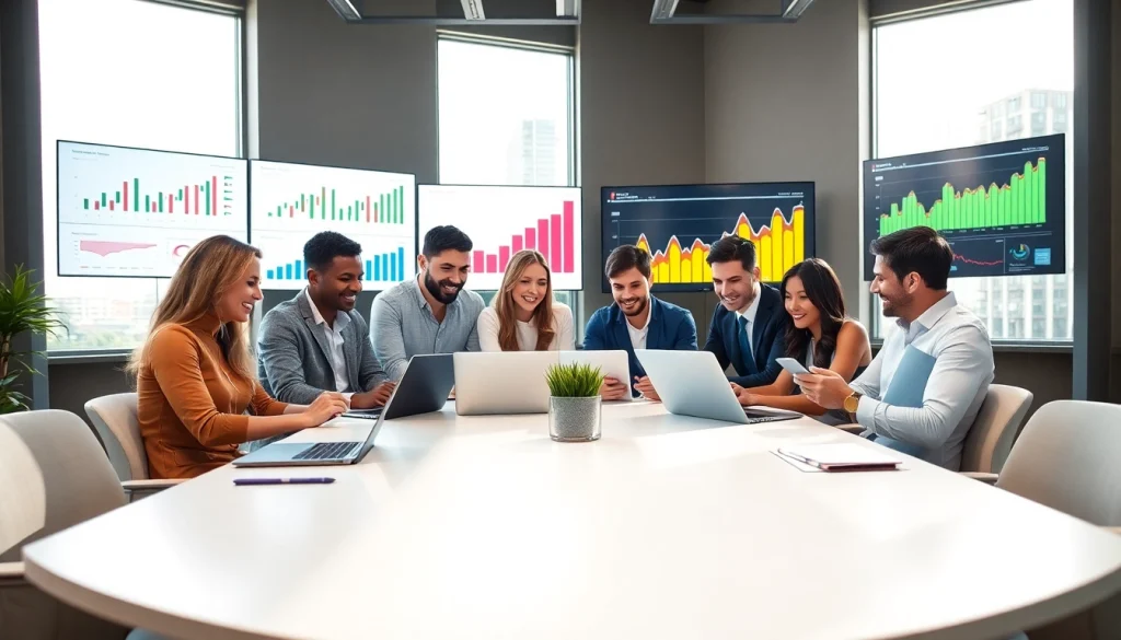 Analyze the best smm panel with a diverse marketing team collaborating in a vibrant office setting.