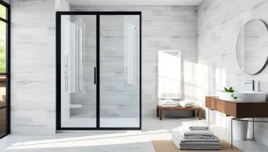 Admirez la paroi de douche 150x200 moderne avec son élégante finition noire mate dans une salle de bains raffinée.