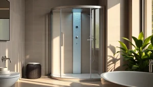 Admire the sleek sirhona France shower cabin with elegant LED lighting in a modern bathroom.
