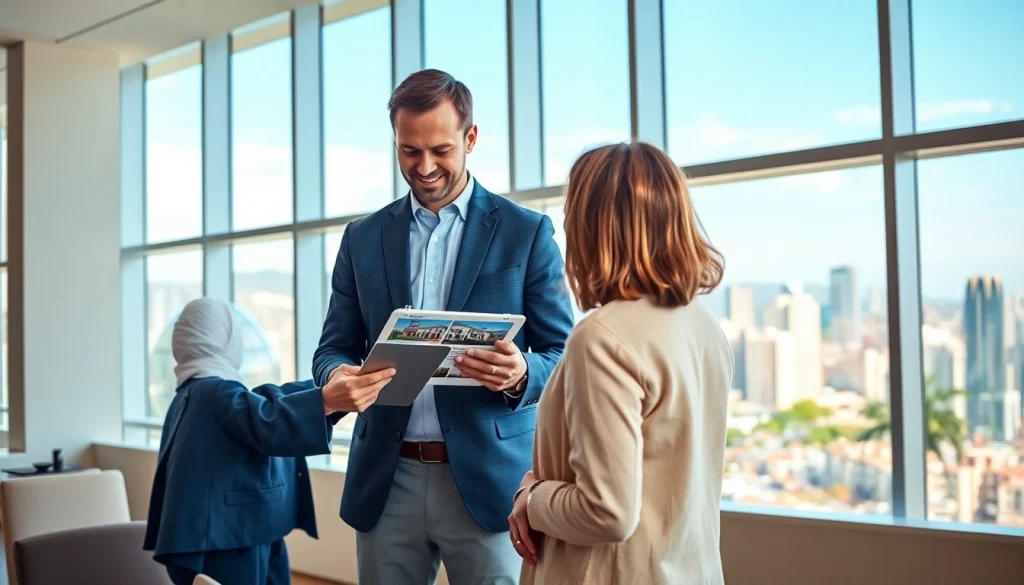 Real Estate agent discussing listings with clients in a modern office.
