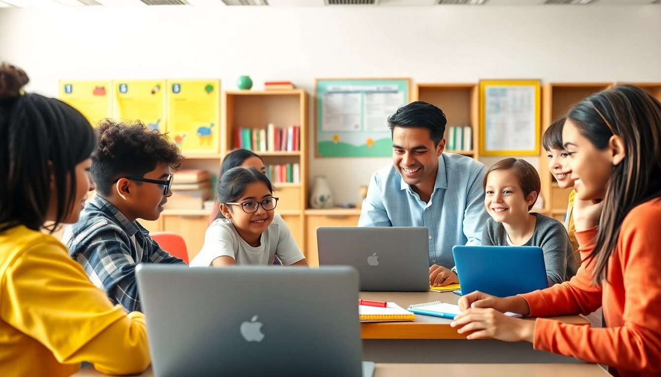 Engaged students collaborate on an Education project in a vibrant classroom.