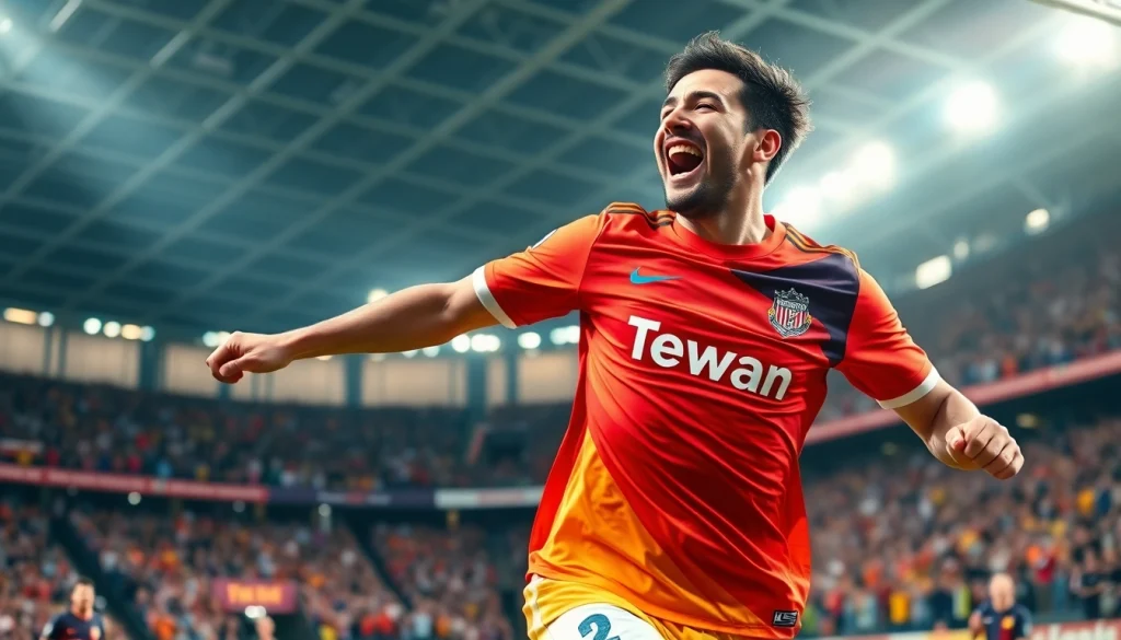 Soccer player celebrating in a vibrant Team kit, showcasing quality and team spirit