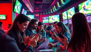 Excited bettors enjoying sports betting in Mexico at a lively sports bar with vibrant colors.