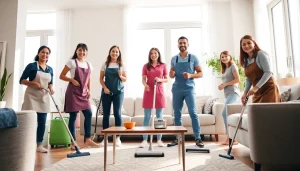 Cleaning Service team professionally cleaning a bright, modern living room environment