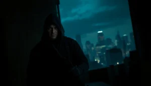 Engaging portrayal of Contracts and Bullets with the assassin character poised for action in an urban setting.