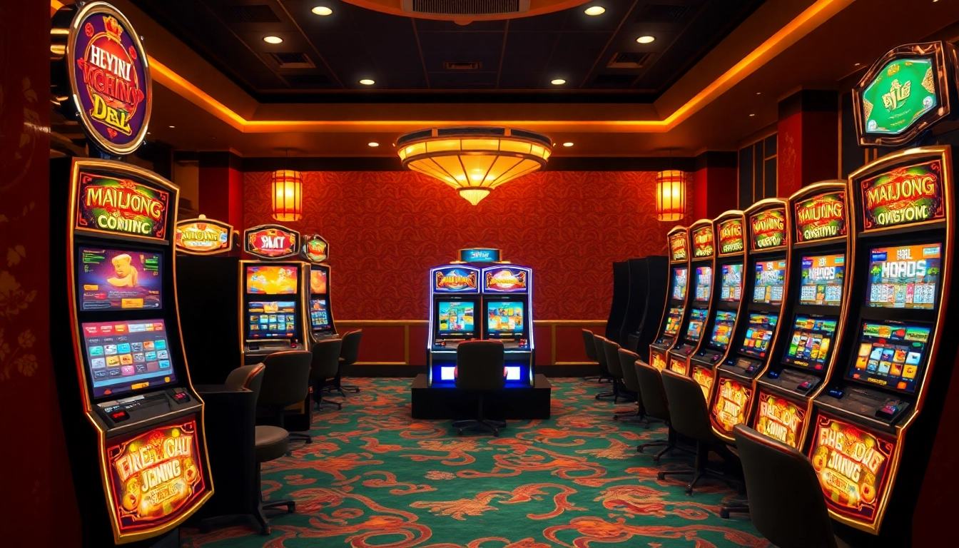 Menggambarkan slot demo mahjong pada mesin slot bertema Mahjong di kasino yang mewah.