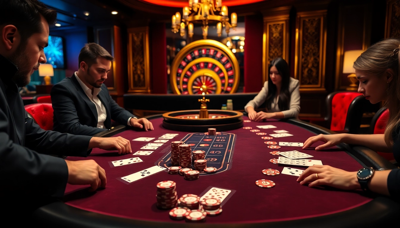 Exciting gambling scene highlighting ink vao 12bet with poker chips and cards in a luxurious casino setting.