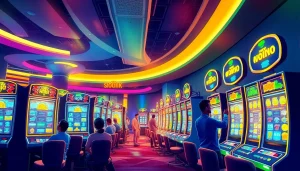 Exciting scene of players at slot hoki machines in a vibrant online casino setting.