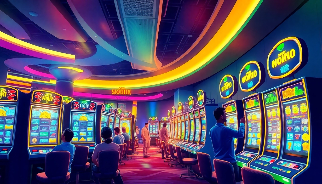 Exciting scene of players at slot hoki machines in a vibrant online casino setting.