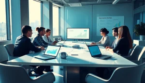 Dynamic professionals collaborating on online contact data verification tools in a modern office setting.