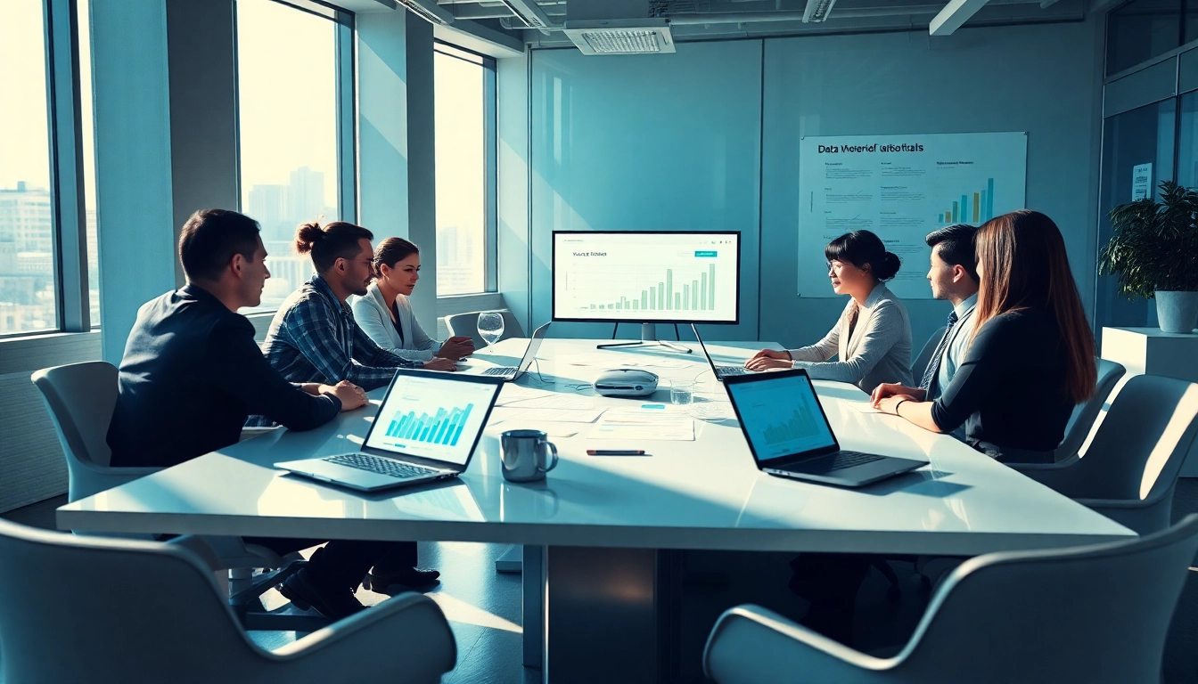 Dynamic professionals collaborating on online contact data verification tools in a modern office setting.