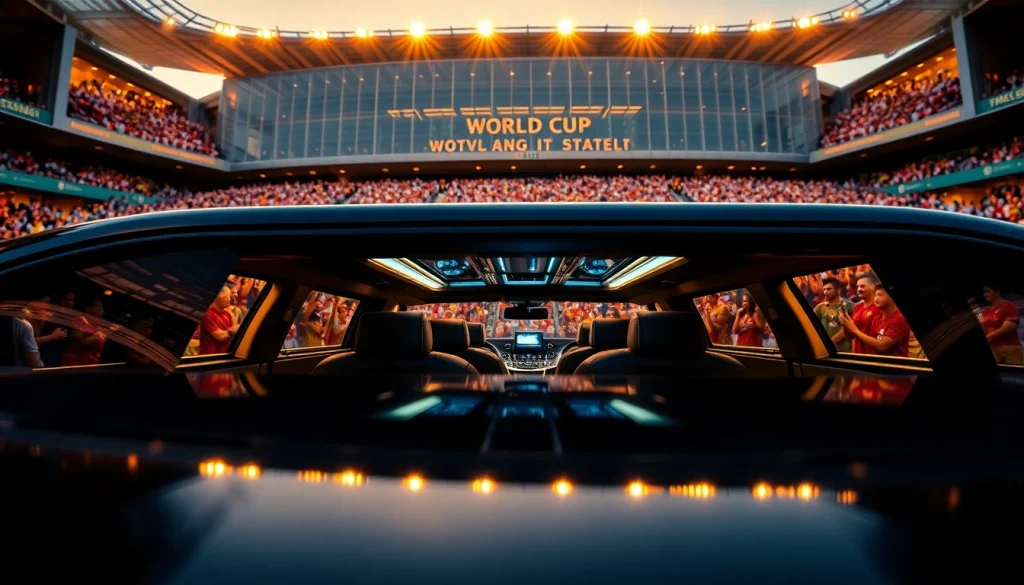 World Cup Group Transportation in a luxury limousine outside a stadium.