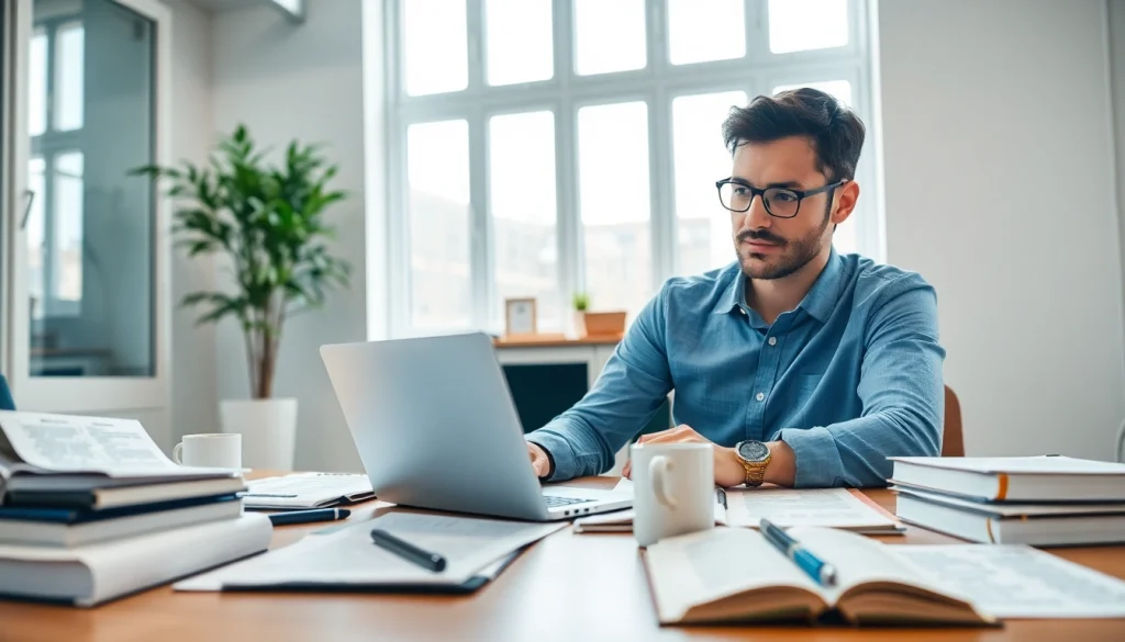 Traducteur professionnel au travail illustrant les services de traducteur assermenté en ligne dans un bureau moderne.