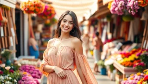 Model exhibiting Rivelle fashion in a colorful outdoor market with flowers.