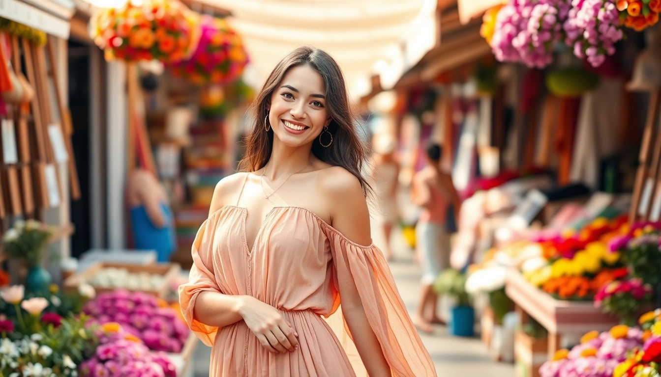 Model exhibiting Rivelle fashion in a colorful outdoor market with flowers.