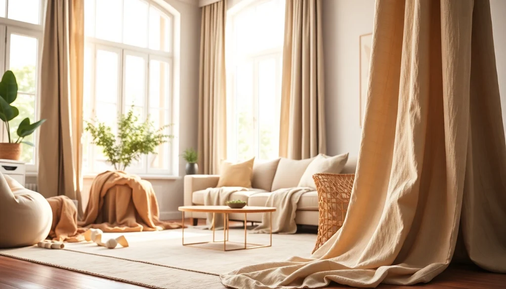 Gordijnstof decorates a cozy living room with elegant curtains.