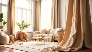 Gordijnstof decorates a cozy living room with elegant curtains.