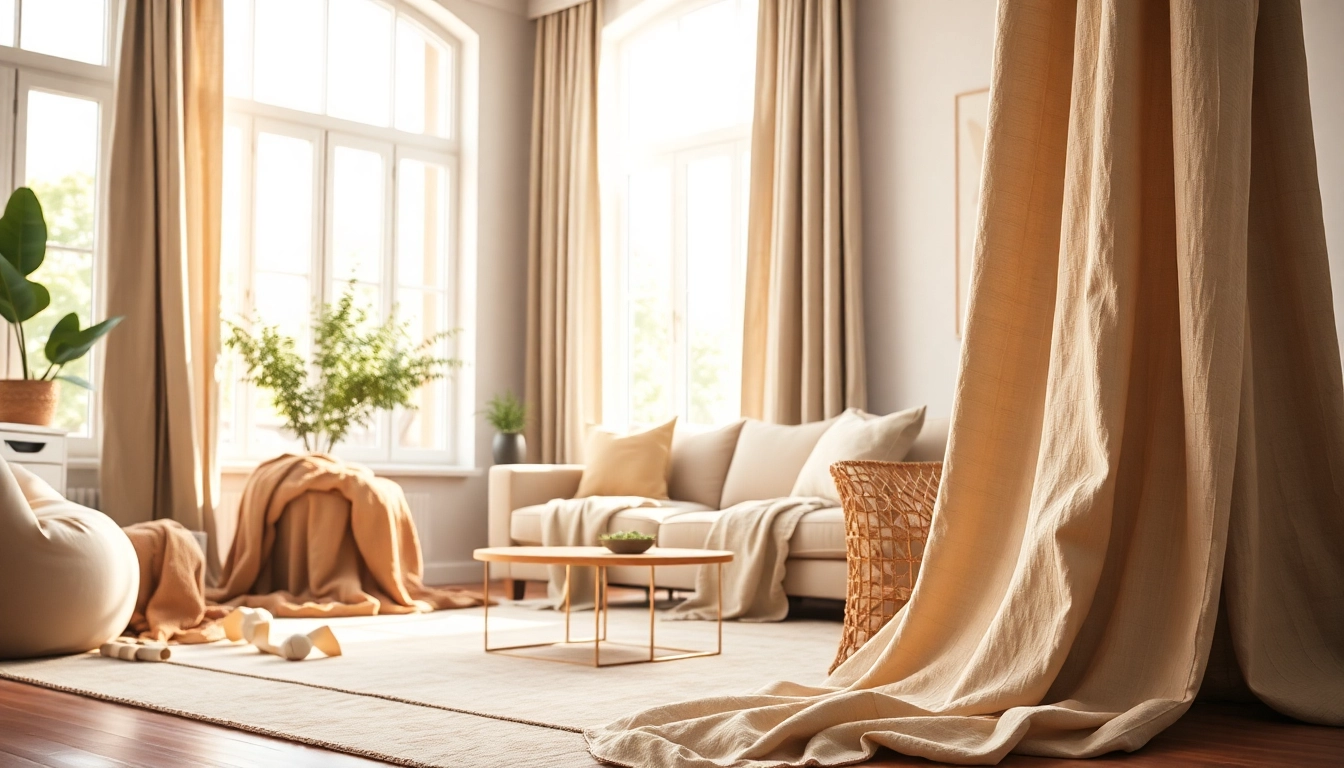 Gordijnstof decorates a cozy living room with elegant curtains.