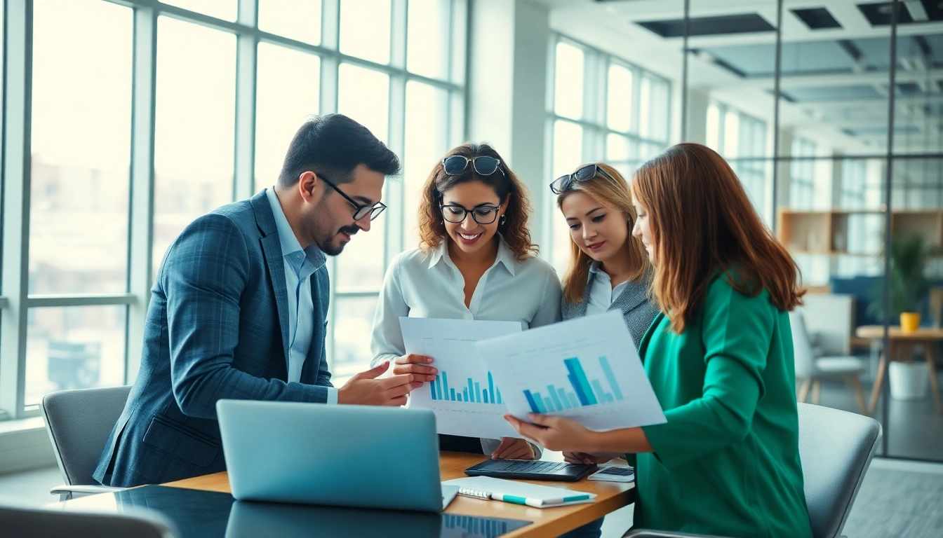 Analyze competitor pricing strategies with a diverse team collaborating in a bright office.