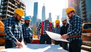 Manhattan Commercial General Contractor collaborating on a high-rise project with a diverse team.