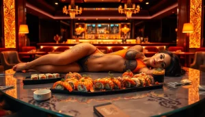 Experience exquisite body sushi art in a luxurious nightlife setting.