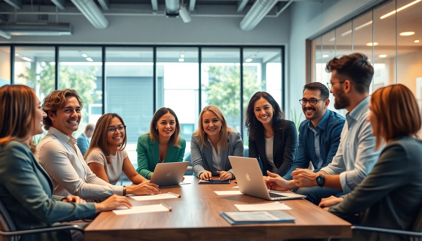 Engaged professionals in a business coaching service session collaborating effectively in a modern office.