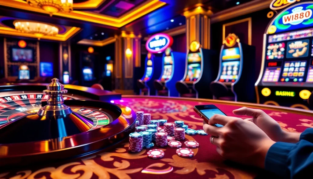 Cảnh sòng bạc đầy hứng khởi với một người chơi đang tìm liên kết truy cập W88 giữa các đồng chip poker và máy đánh bạc.