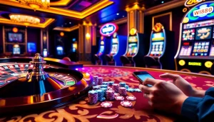 Cảnh sòng bạc đầy hứng khởi với một người chơi đang tìm liên kết truy cập W88 giữa các đồng chip poker và máy đánh bạc.