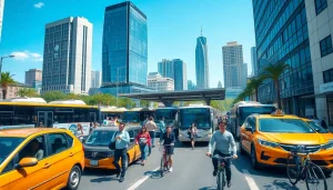 Engaging urban transportation scene with diverse commuters and various vehicles in action.