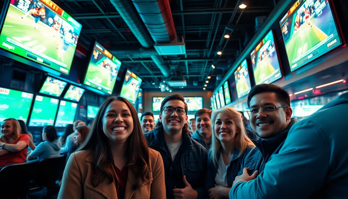Engaging scene of enthusiastic bettors at sports betting sites Texas showcasing excitement and interaction.