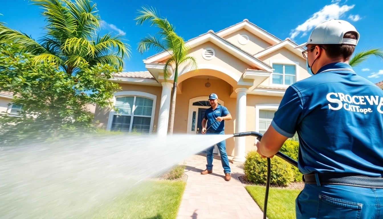 Professional team performing a soft wash on a home in Kissimmee, showcasing effective exterior cleaning.