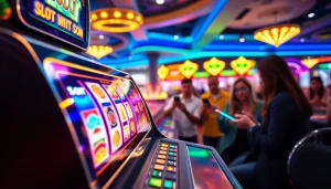 Permainan slot pulsa yang menarik dengan mesin slot berwarna-warni dan pemain yang antusias.
